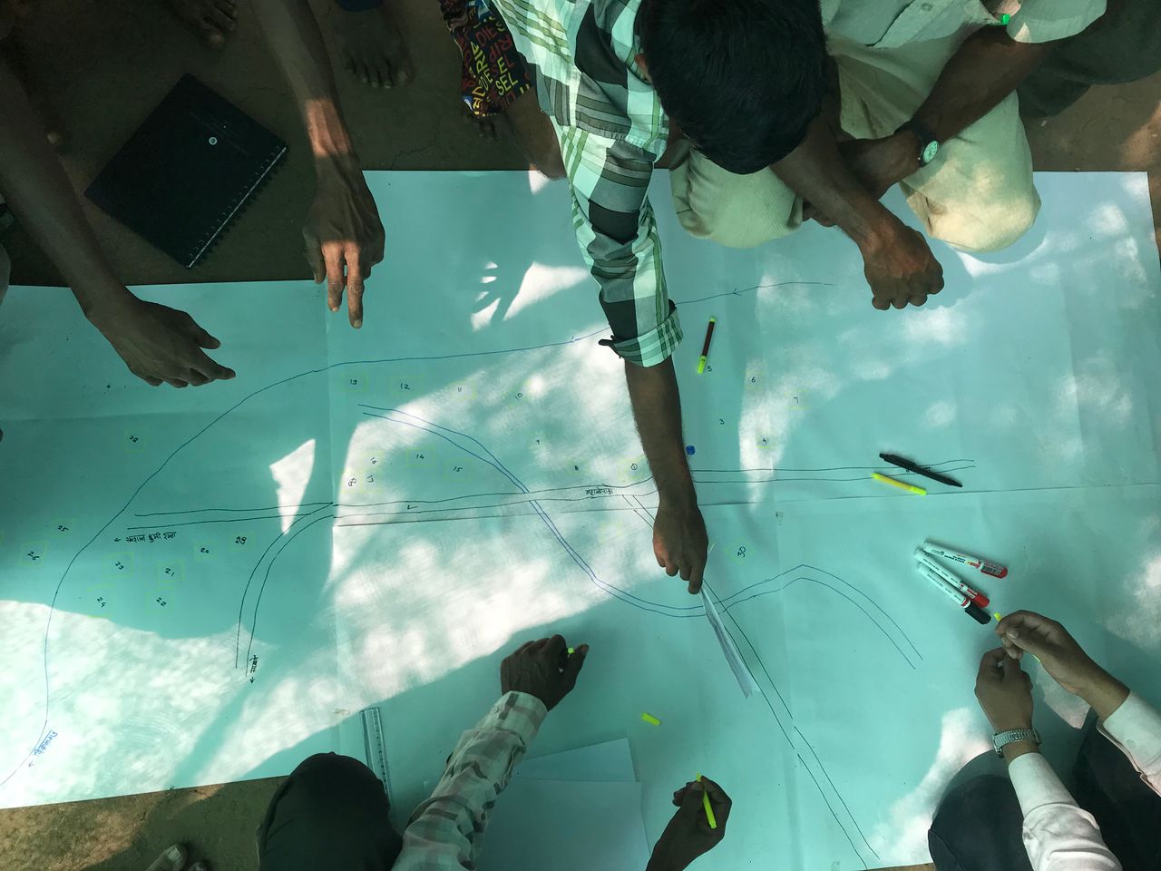 Services Group planning road design with drawings and tools outdoors.